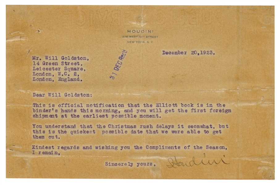  HOUDINI, Harry (Erik Weisz, 1874 – 1926). TLS Regarding Ell...