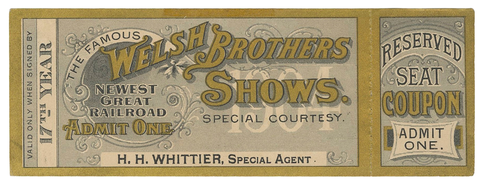  [HOUDINI] Welsh Brothers Circus Reserved Seat Coupon/Ticket...