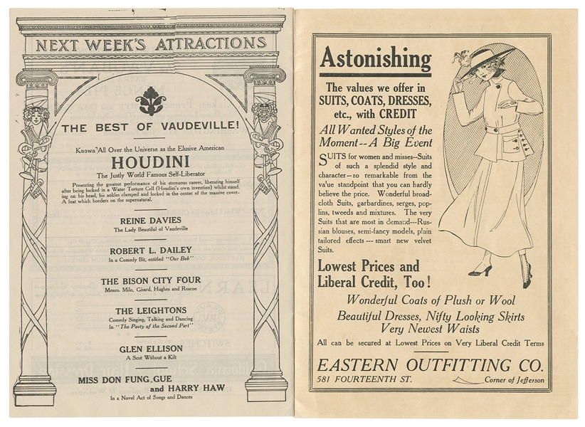  HOUDINI, Harry (Erik Weisz, 1874 – 1926). Houdini Orpheum T...