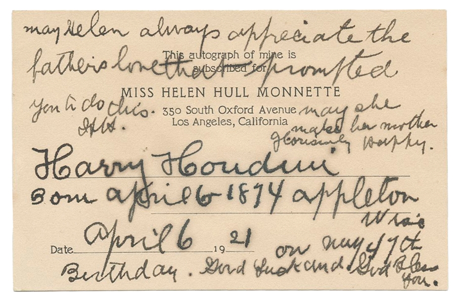  HOUDINI, Harry (Erik Weisz, 1874 – 1926). Houdini Autograph...