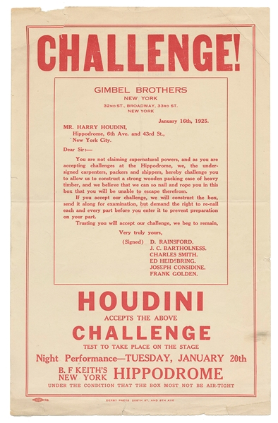  HOUDINI, Harry (Erik Weisz, 1874 – 1926). Houdini Gimbel Br...