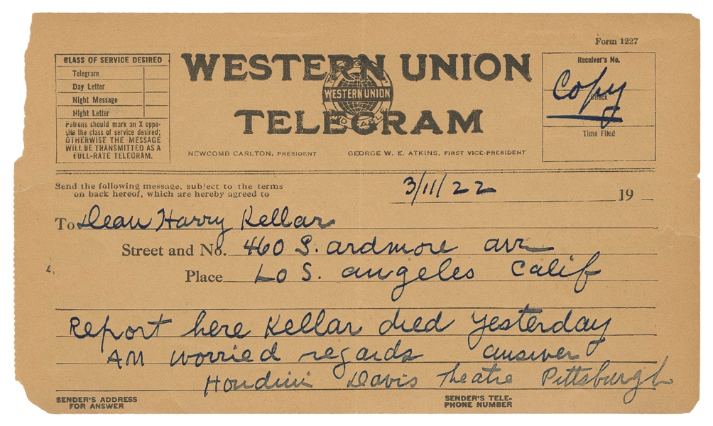  [KELLAR] Houdini Telegram Regarding Kellar’s Death. Dated M...