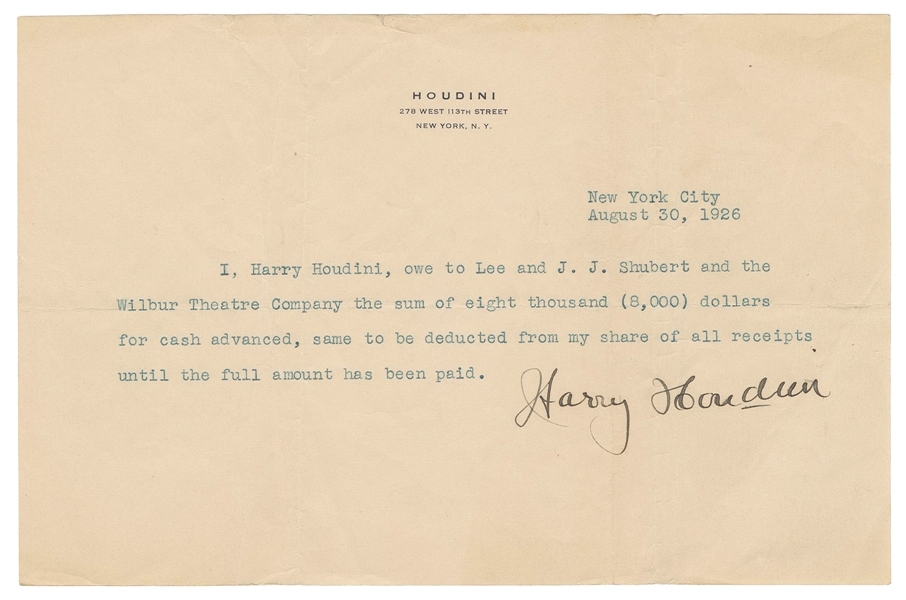  HOUDINI, Harry (Erik Weisz, 1874 – 1926). Signed Houdini Pr...