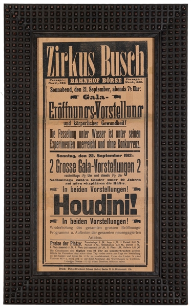  HOUDINI, Harry (Erik Weisz, 1874 – 1926). FIRST PERFORMANCE...