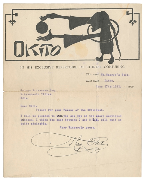  OKITO (Tobias Bamberg, 1875 – 1963). Okito TLS to George Je...