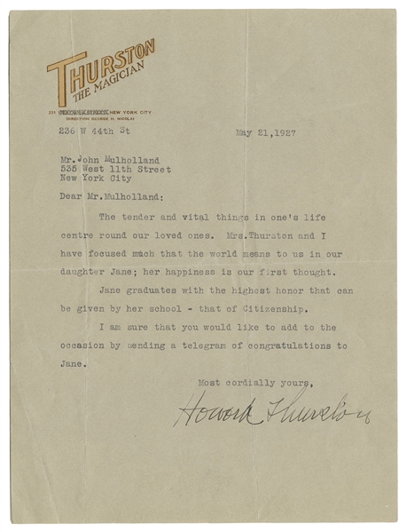  THURSTON, Howard (1869 – 1936). Thurston TLS to John Mulhol...