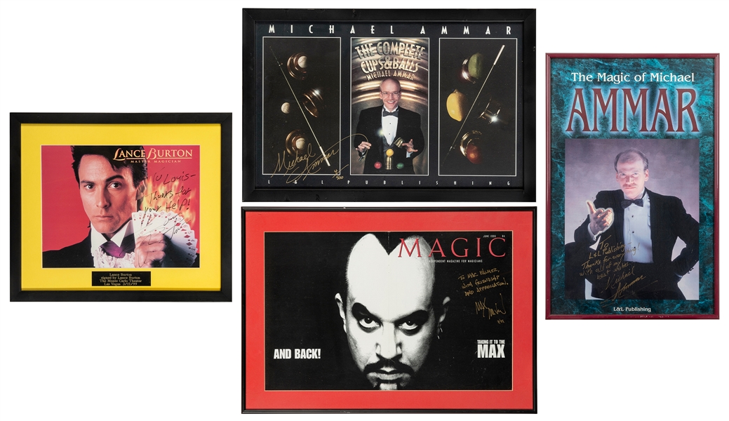  Four framed signed photos of modern magicians. [V.p., ca. 1...