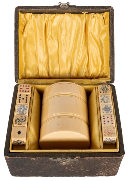  Poker Dice and Dice Cup in Custom Leather Box. [Circa 1880s...