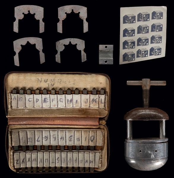  Dice Stamper Kit. Circa 1890. Kit contains a zippered pouch...