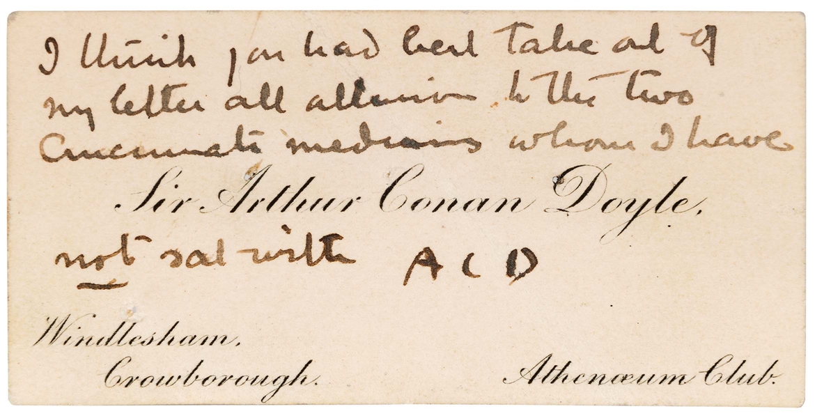 DOYLE, Arthur Conan (1859-1930). Engraved calling card signed ("ACD") with an autograph notation