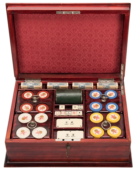  Cased Set of 400 Prince of Wales Poker Chips. Circa 1900....