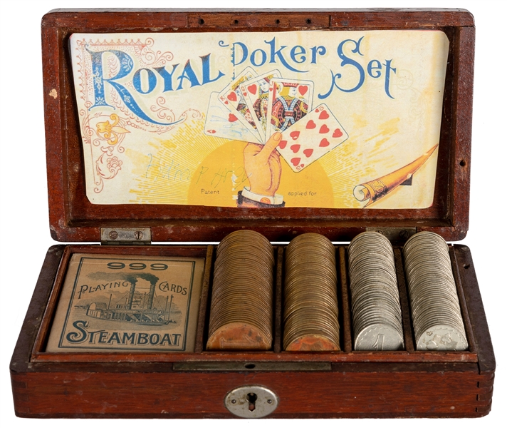  Royal Poker Set. Circa 1900s. A small cased gaming set with...