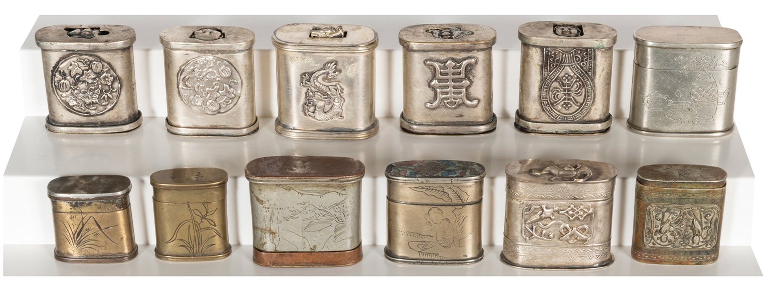  A group of 12 opium boxes, including 5 with pull-out erotic...