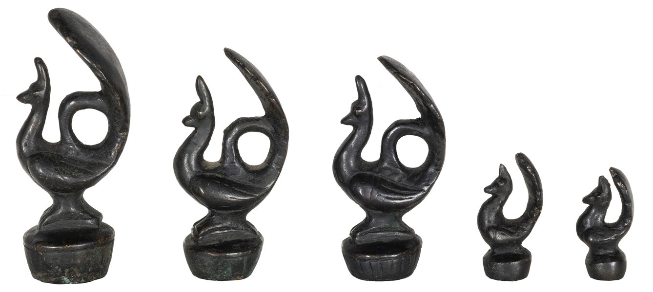  A group of 5 graduated metal peacock opium weights. [Thaila...