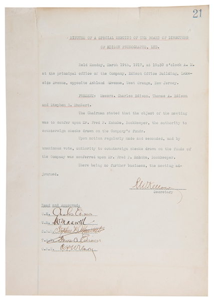  EDISON, Thomas (1847-1931). Document signed (“Thos. A. Edis...