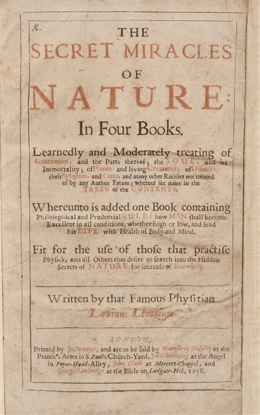  [OCCULT]. LEMNIUS, Levinus (1505-1568). The Secret Miracles...