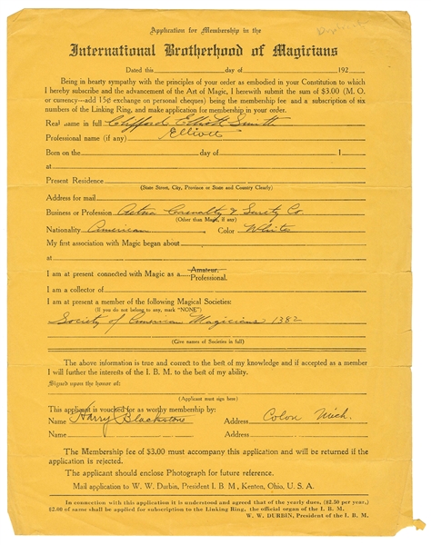  BLACKSTONE, Harry, Sr. (1885-1965). Signed application to t...