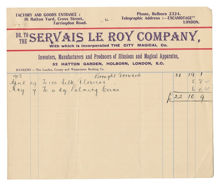  LEROY, Servais (1865 – 1953). Servais LeRoy Company Receipt...