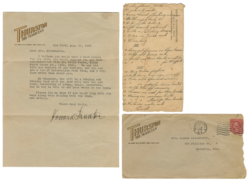  THURSTON, Howard (1869-1936). Typed Letter Signed to Mrs. E...