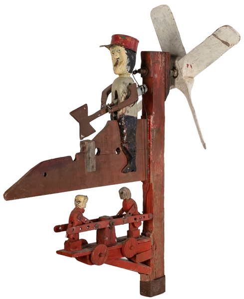  [FOLK ART WHIRLIGIG]. Hand-carved and painted wooden whirli...