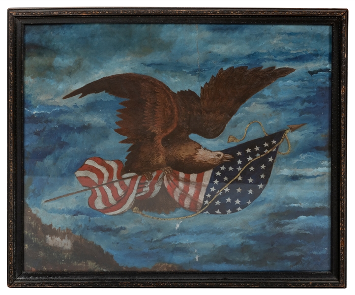  [AMERICAN FOLK ART]. Eagle and Flag Painting. [N.d.]. Oil o...