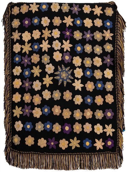  [ENGLISH TEXTILE]. Applique Floral Table Rug with Fringe. c...