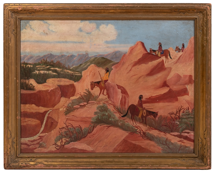  [AMERICAN FOLK ART]. Painting of Native Americans on Horseb...