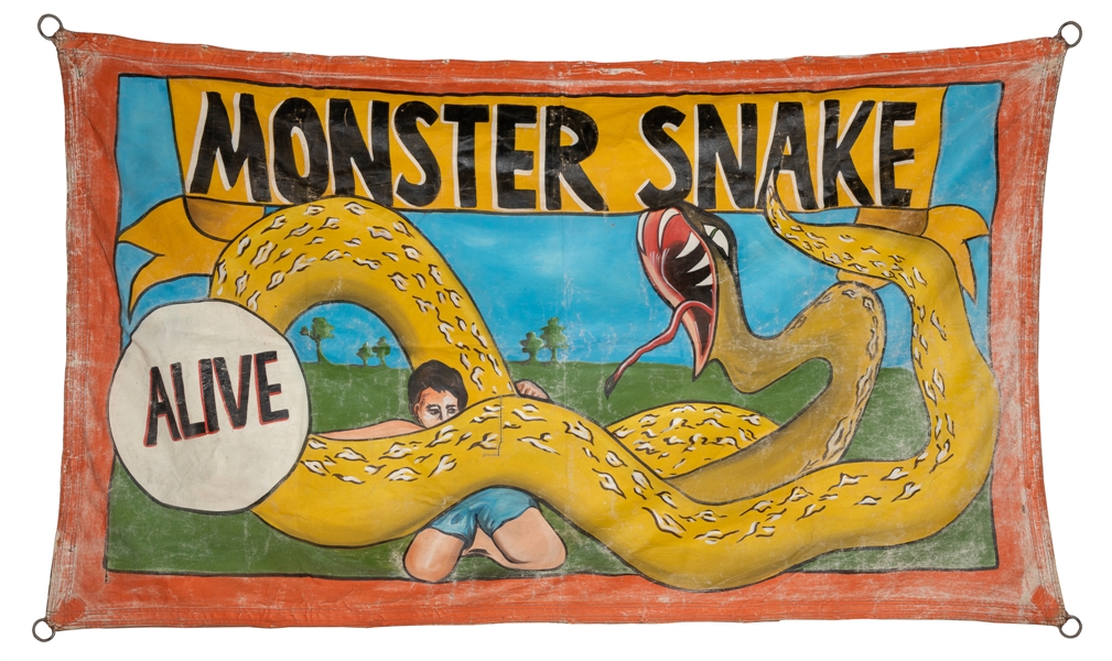  [SIDE SHOW BANNER]. Monster Snake Alive. [N.d.]. Paint on c...