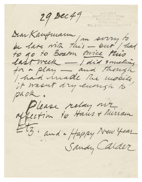  CALDER, Alexander (American, 1898-1976) Handwritten letter ...