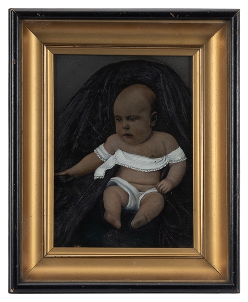  [PHOTOGRAPHS]. Hand-painted tintype photograph of an infant...