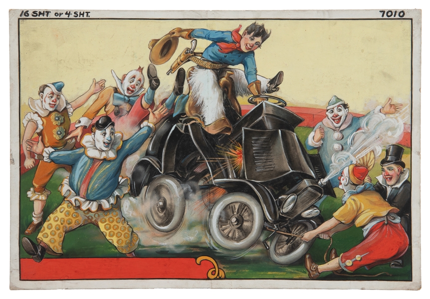  [POSTER MAQUETTE]. Clown Rodeo Automobile Act. Gouache post...