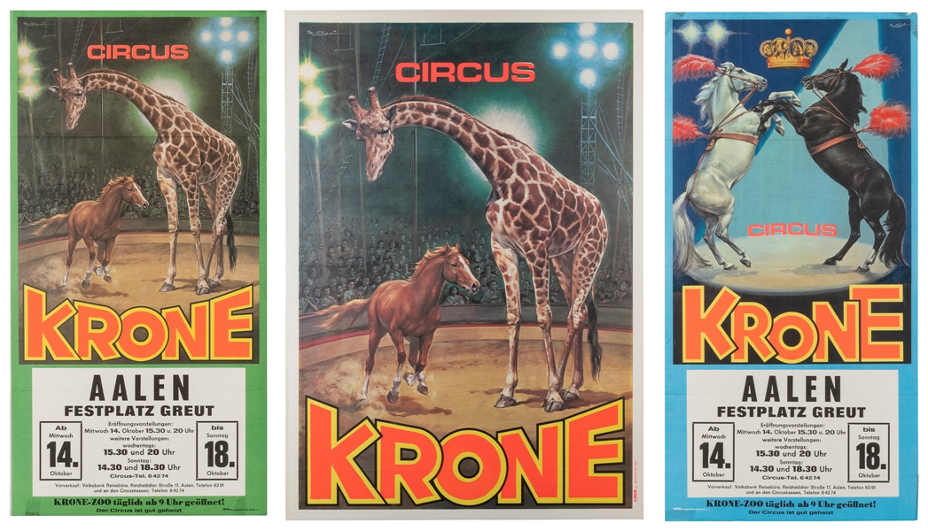  Three Krone Circus Posters. Italy: 1980-90s. Three circus p...