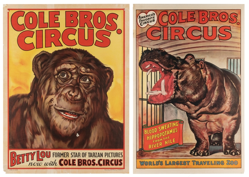  Two Cole Bros. Circus Posters. Includes Blood Sweating Hipp...