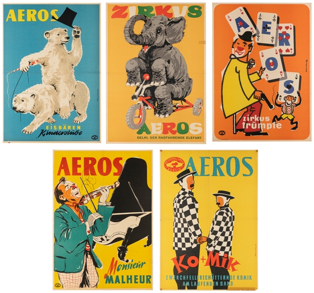  Five Aeros Zirkus Posters. Berlin: Vebzentral-Zirkus, ca. 1...