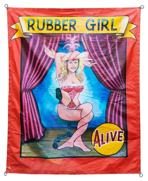  HINER, John. Rubber Girl Alive sideshow banner. 1991. Paint...