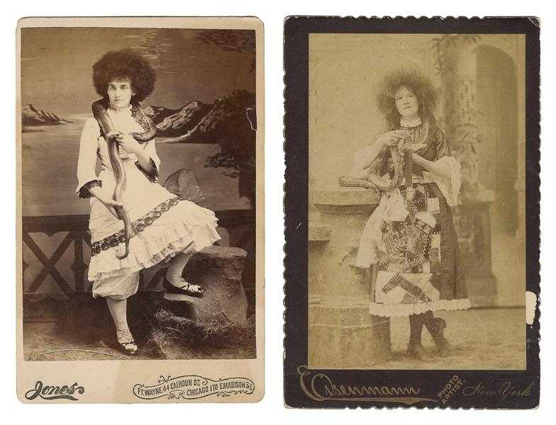  [SNAKE CHARMERS]. Two Cabinet Card Photos of Female Snake C...