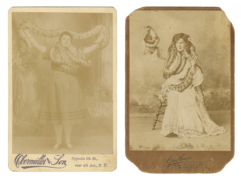  [SNAKE CHARMER]. Two Cabinet Photographs of Female Snake Ch...