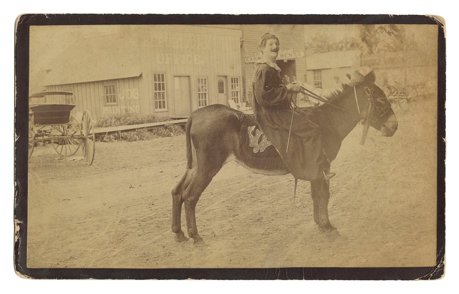  [CLOWNS]. Cabinet Card of Clown on Horse. American, ca. 190...