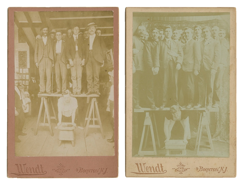  [STRONGMEN]. Two Cabinet Card Photos of Back Lifters. Boont...