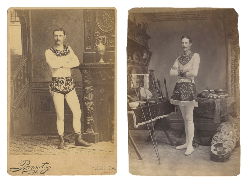  [ACROBATS]. Two Cabinet Card Photos of Acrobats and Juggler...