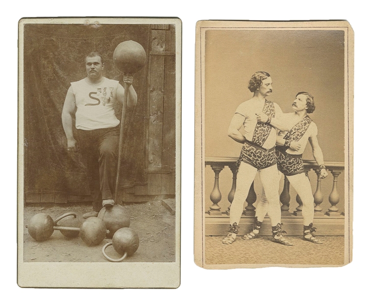  [STRONGMEN]. Two CDVs of Strongmen. Circa 1880s-1890s. Albu...