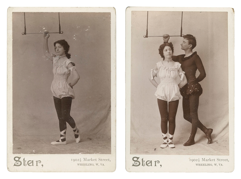  [ACROBATS]. Pair Cabinet Cards of Acrobats with Trapeze. Wh...