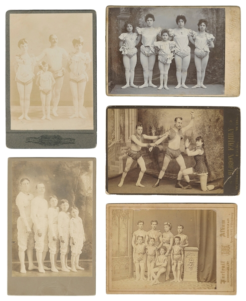  [ACROBATS]. Five Cabinet Cards of Acrobatic Troupes. Americ...