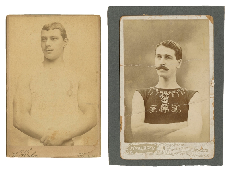  Two Cabinet Cards of Strongmen or Acrobats. Circa 1890s. Tw...