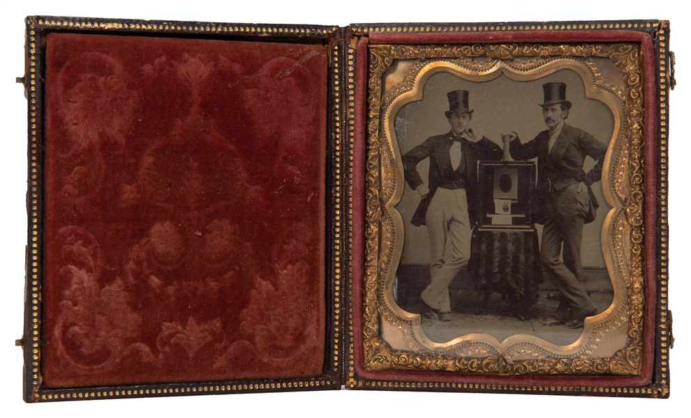  [EARLY PHOTOGRAPHY]. Quarter plate tintype of two men wit...