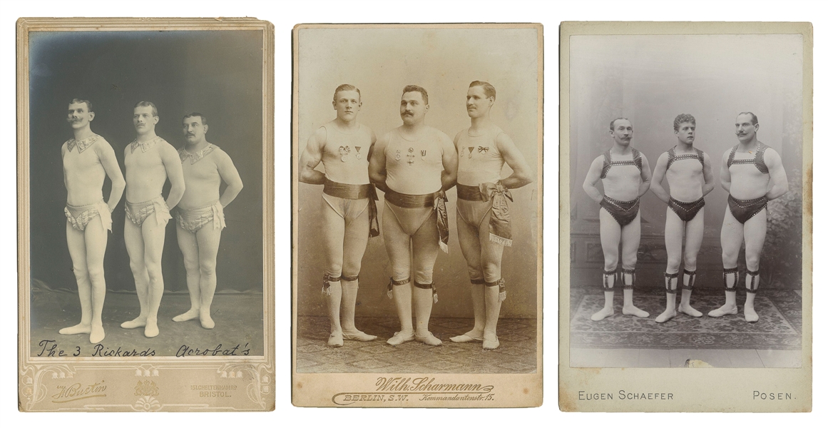  [ACROBATS]. Three Cabinet Cards of European Acrobats. Circa...