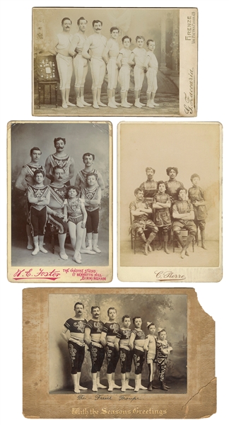  [ACROBATS]. Four Cabinet Card Photos of Acrobatic Troupes. ...