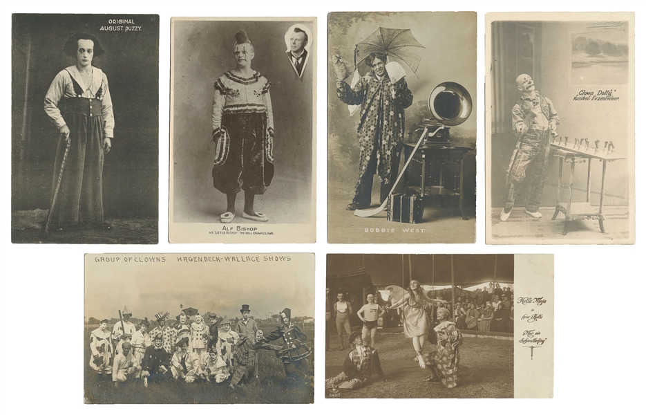  [CLOWNS]. Six Postcards of Clowns. 19th century/20th centur...