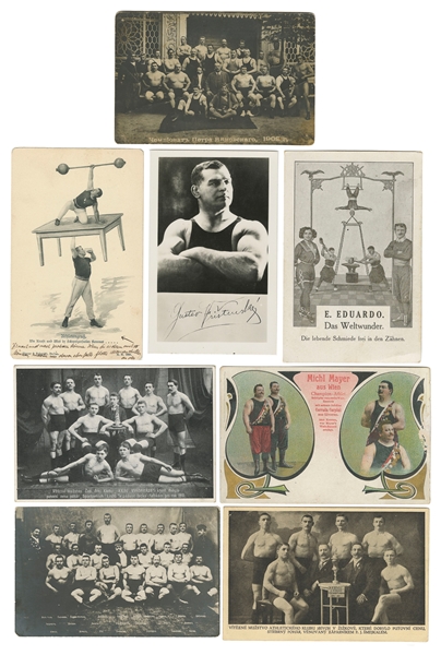  [STRONGMEN]. Group of Eight Strongmen, Bodybuilder, and Wei...