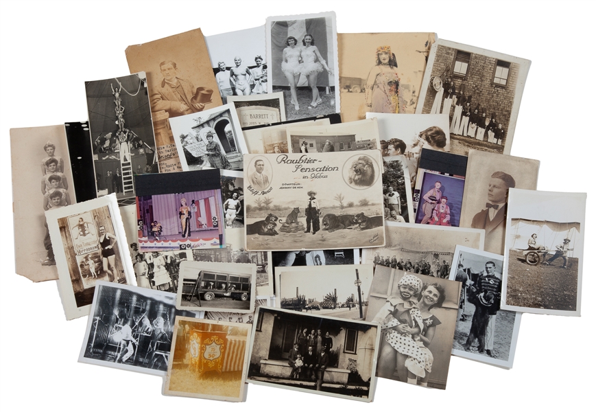  Group of 161 candid snapshots of circus people. [V.p, ca. 1...